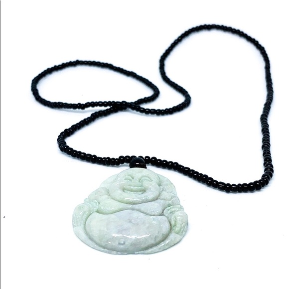Buddha Natural Grade A Jade On Black Bead Necklace - Picture 1 of 7